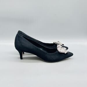 J Crew Shoes Womens 7.5 Black Suede Rhinestone Bow Kitten Heel Pumps Cocktail